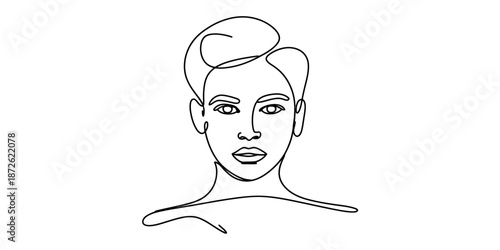 Elegant minimalist portrait: one continuous line drawing of a woman's head and bare shoulders