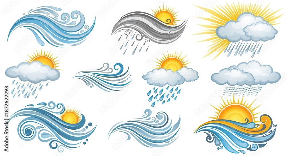Fototapeta premium Collection of stylized graphic elements representing various meteorological conditions and water movement