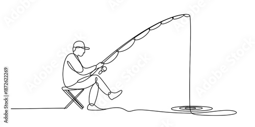 Continuous line drawing of a person sitting on a stool and patiently fishing in the water.