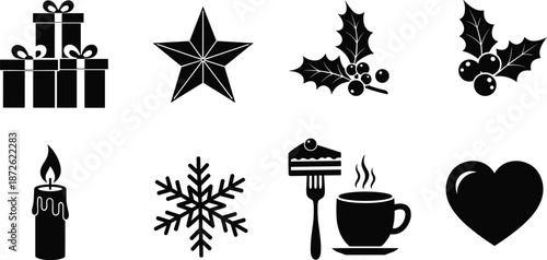 Christmas holiday silhouette icon set, gift boxes, star symbol, holly berries, candle, snowflake, cake dessert, coffee cup, love heart illustration