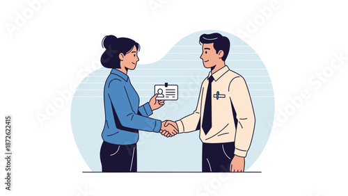 Business handshake and ID card exchange between colleagues or partners