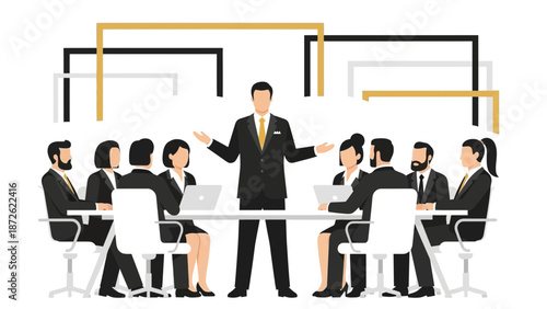 Business Meeting: Leader Directing Team in Modern Office with Abstract Background