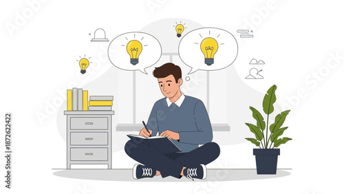 Young Man Sitting Cross-legged Writing in Notebook with Lightbulb Ideas Above
