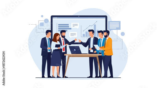 Business Team Meeting Analyzing Financial Charts on Screen and Laptop