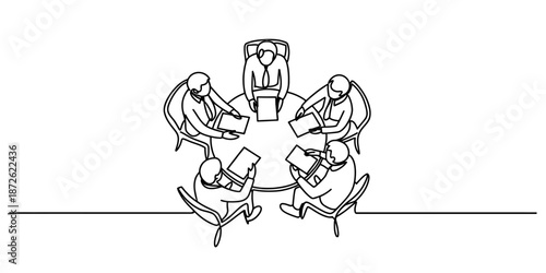 Continuous line drawing of business people collaborating at a round table meeting