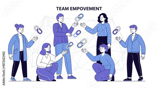 Team Empowerment Concept: Diverse people collaborating, connecting link symbols, network background