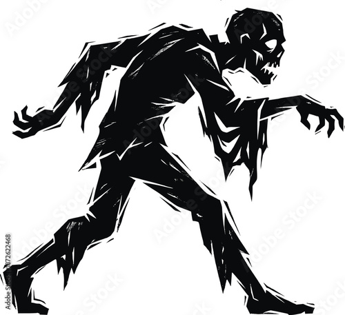 Creepy zombie silhouette illustration, walking undead monster character, horror Halloween concept, scary apocalypse creature design, black and white artwork