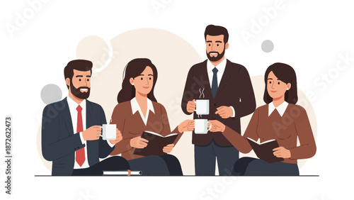 Diverse business team in meeting, discussing and drinking coffee, teamwork concept