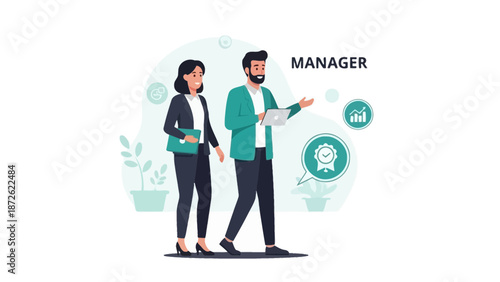 Business Manager and Colleague Discussing Success with Laptop and Charts