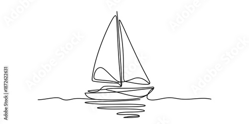 Continuous line art illustration of a sailboat gracefully sailing on water with reflection