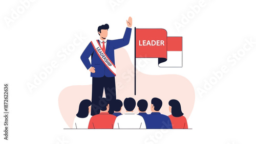 Charismatic Leader Inspiring Crowd with Flag and Sash