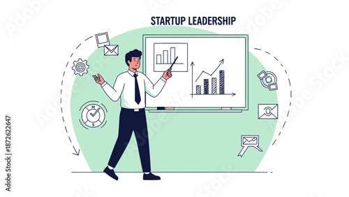 Startup leadership concept: man presenting growth chart on whiteboard with icons