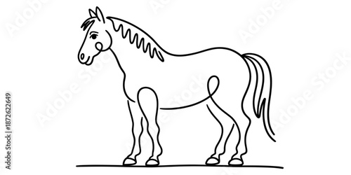 A simple line art drawing of a majestic horse standing gracefully on a white background