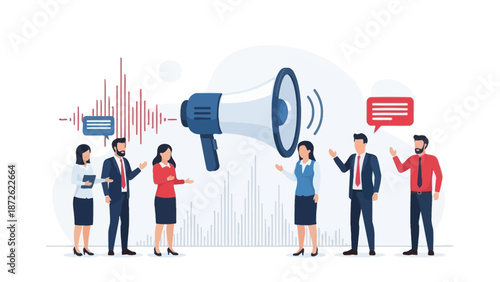 Business Team Announcing News with Megaphone and Sound Waves
