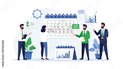 Business Team Planning and Strategy Meeting with Calendar and Charts
