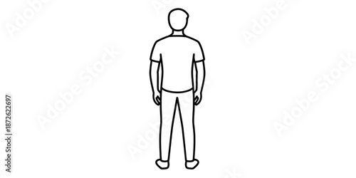 A simple line drawing illustration of a man standing with his back to the viewer