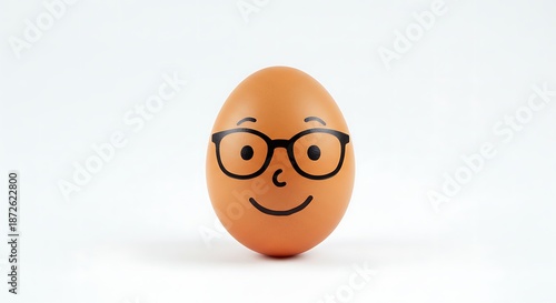 A single brown egg with a drawn face and glasses on a white background in a studio setting indoors
