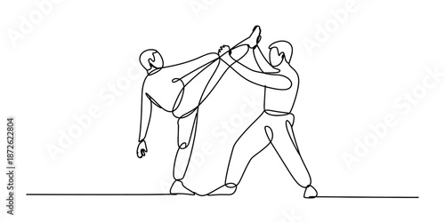 Art & Continuous line art of two martial artists practicing a high kick and block technique