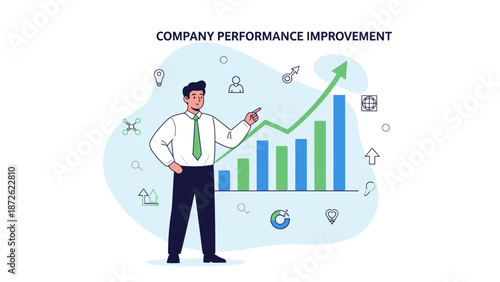 Business Growth Strategy: Man Points to Upward Trend Bar Chart