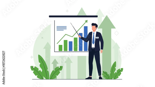 Businessman presenting financial growth chart with upward arrows and plants