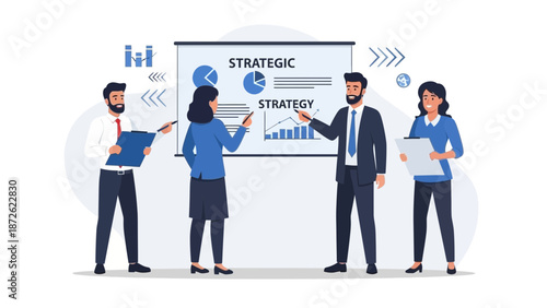 Business Team Discussing Strategic Plans with Presentation Board
