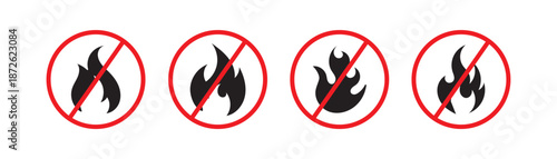 Set of No Fire Prohibited Safety Icon. Fire Ban Warning Sign Icon Minimal Vector. No open flames prohibition sign vector illustration scalable eps icon warning safety alert