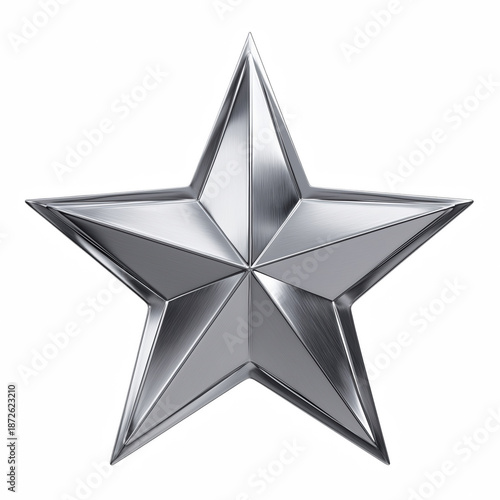 Realistic silver metallic five pointed star symbol isolated on transparent background.