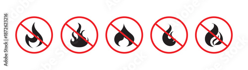 Set of No fire sign icon symbol, No flame sign icon. No fire campfire prohibited symbol . Fire Prohibited Safety Icon Vector Illustration. 