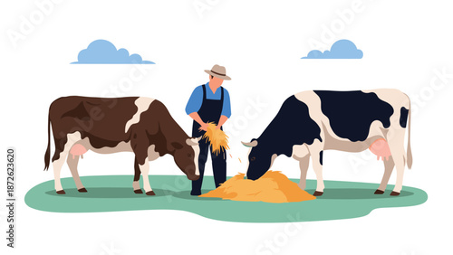 Farmer wearing overalls and a hat carefully feeding hay to two dairy cows standing in a lush green pasture on a beautiful day.