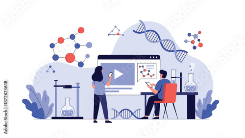 Young scientists collaborating on genetic research, analyzing DNA structures and molecular models on digital screens in a modern laboratory.
