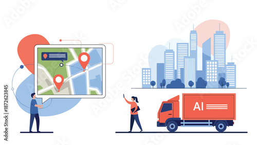 AI-powered logistics and delivery service with a man planning routes on a map and a truck navigating a smart city for efficiency.