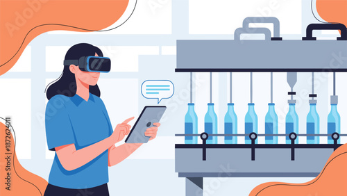 Female engineer using a VR headset and tablet with augmented reality to monitor and control an automated bottling production line.