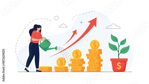 Businesswoman watering stacks of coins to cultivate financial growth, symbolizing a successful investment strategy and high return on investment.