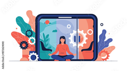 Woman finding work-life balance by meditating, transitioning from a stressful work environment with gears to a calm and peaceful mindset.