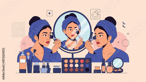 Young woman in a bath towel and hair wrap applying makeup with a brush, reflected in a triptych mirror on a vanity table.