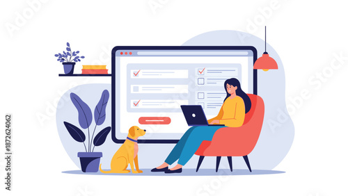 Young woman working from home with her pet dog, filling out an online survey and checklist on her laptop in a cozy chair.