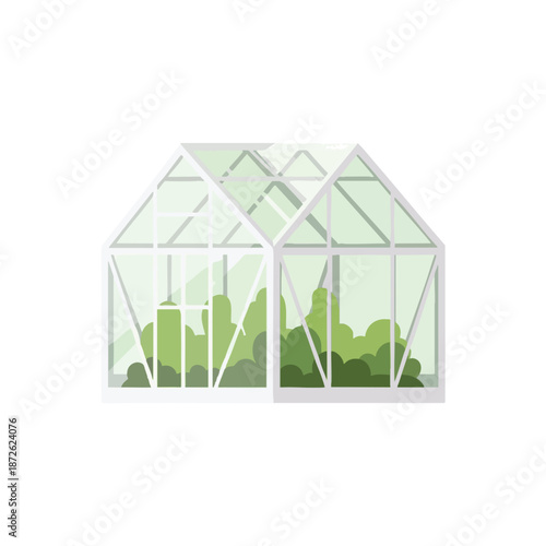 Illustration of a modern greenhouse with lush plants and greenery
