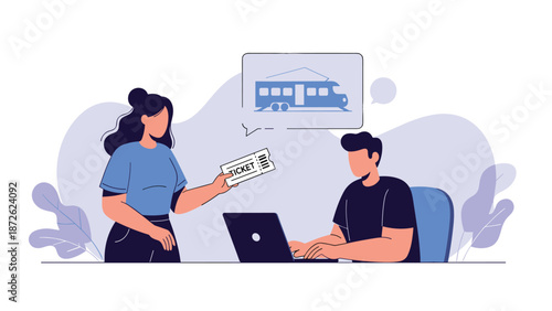 Woman purchasing a train ticket at a ticket counter from a male agent who is processing the booking on his laptop computer.