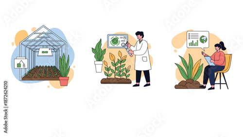 Scientists conducting agricultural research, from studying plants in a modern greenhouse to analyzing data for sustainable farming.