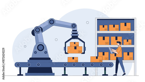Warehouse automation system with a robotic arm on a conveyor belt sorting packages, supervised by a worker with a digital tablet.