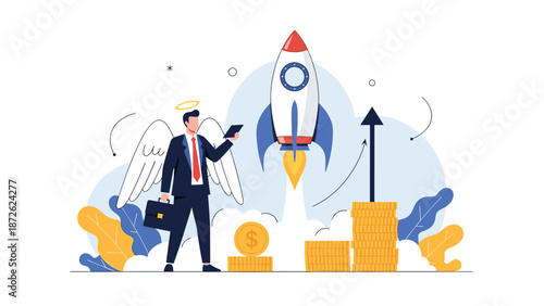 Angel investor providing capital for a startup business, symbolized by a launching rocket and growing stacks of money for success.