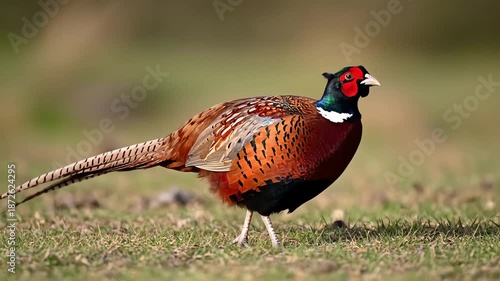 Wallpaper Mural Close-up of a colorful male Ring-necked Pheasant (Phasianus colchicus) foraging on short grass in its natural habitat on a sunny day. Torontodigital.ca