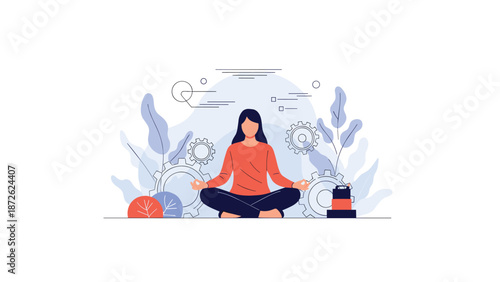 Woman practicing mindfulness meditation to find inner peace and control, calming the complex machinery of her thoughts and stress.
