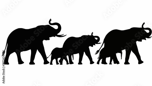 Silhouette of a family of elephants walking together.