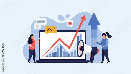 Two businesswomen celebrating a successful digital marketing campaign, shown by a rising growth chart on a laptop screen.