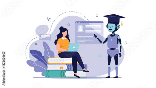 A student using a laptop for e-learning with the assistance of an AI robot tutor for a personalized and modern education experience.