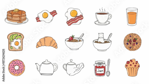 Collection of Hand Drawn Breakfast Food and Drink Items.