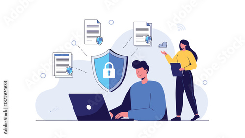 A team of IT professionals managing data security and document protection using a laptop and secure network protocols.