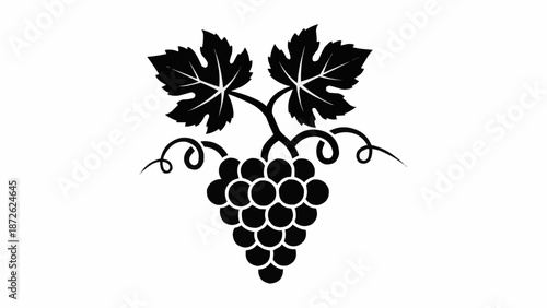 Black silhouette of ripe grapes with leaves and tendrils.