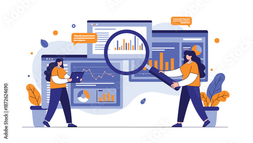 Two female data analysts collaborating on a detailed market research project, using various tools to examine charts and graphs.